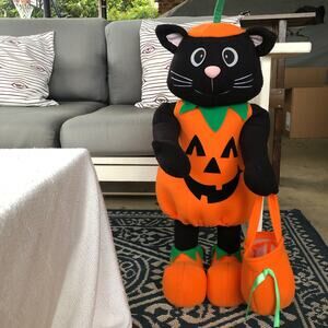VTG Handerson Black Cat Pumpkin Porch Sitter Free Standing Metal Frame Halloween